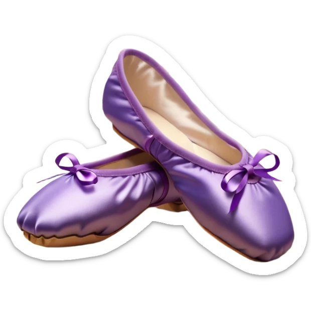 cinematic-realistic-ballet-shoes,-soft-satin-purple-pointe-shoes-with-delicate-ribbons,-resting-gently-on-a-polished-wooden-floor,-subtle-creases-in-the-fabric,-glowing-under-the-warm-golden-light-of-a-rehearsal-studio,-evoking-ele sticker