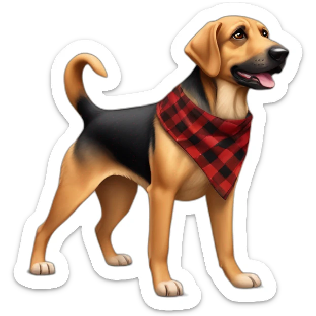 adult 75% Coonhound 25% German Shepherd mix dog with visible tail wearing small pointed red buffalo plaid bandana full body walking left quickly sticker
