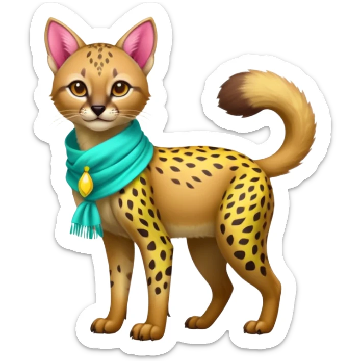 Colorful cute adorable tropical exotic fruity kiwi-green lemony rosy-pink blushing pastel neon-red Caracal-Cheetah-Civet-Trico-fusion-hybrid-animal-creature, full body, with tribal tattoos, wearing a yellow-and-cyan scarf sticker