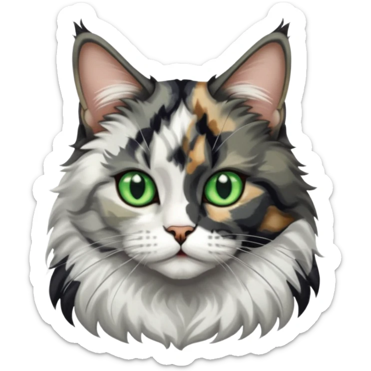 Maine coon black silver tortie et blanc avec une grosse tache noir sur un côté de la tête  sticker
