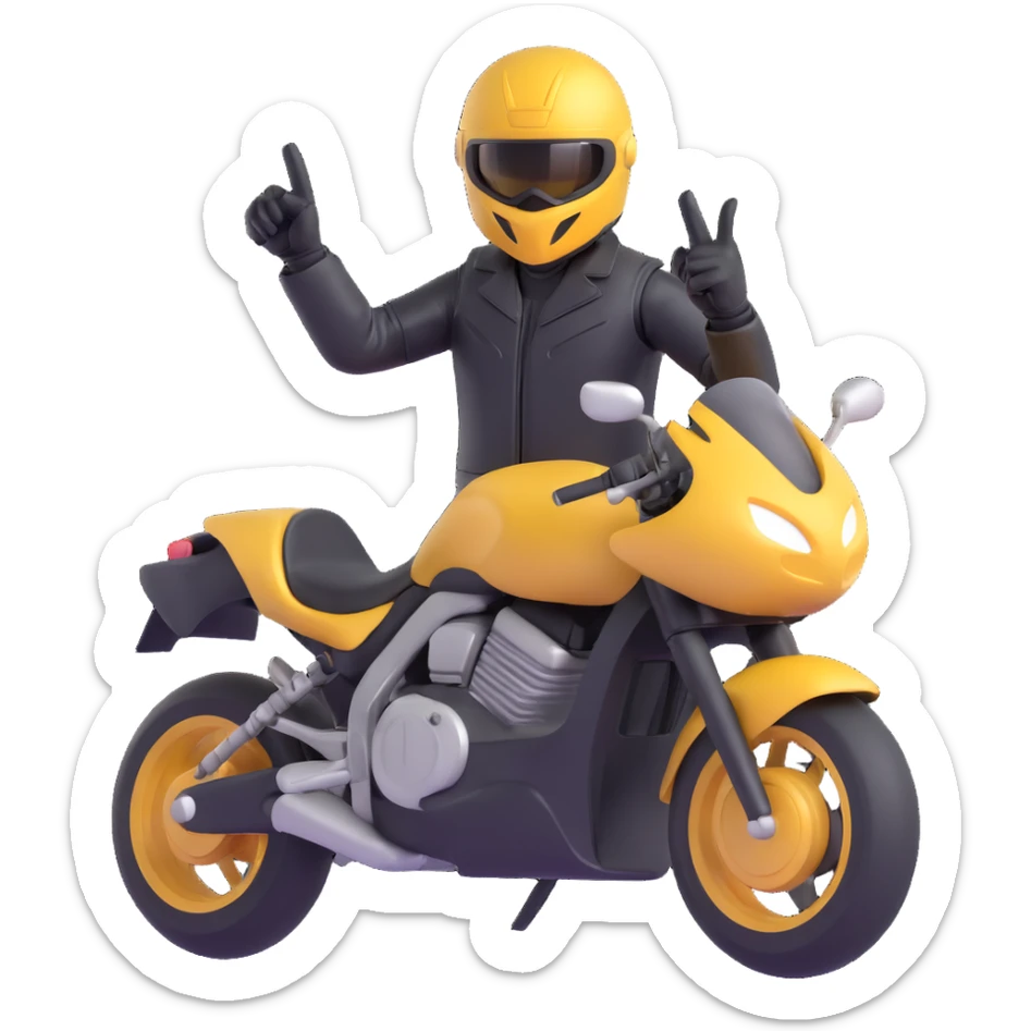 A motorcyclist in a black helmet with a golden visor flipping the bird sticker