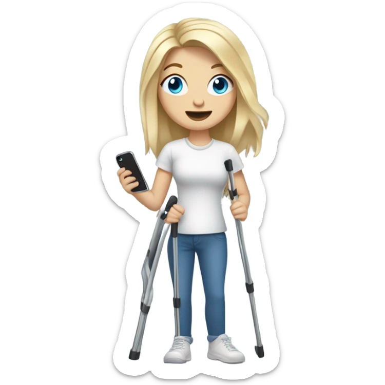Goofy white girl blonde hair and blue eyes on crutches with an iPhone sticker