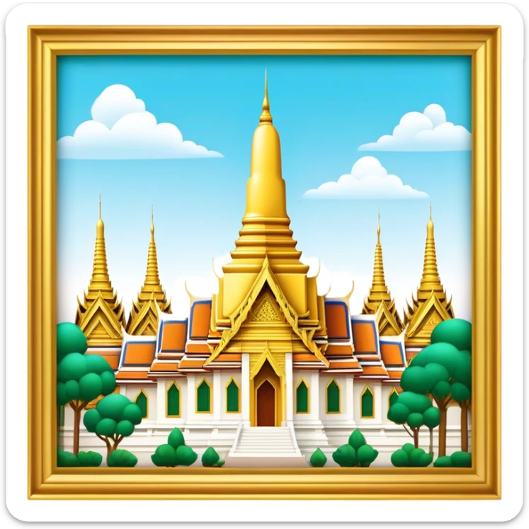 Cinematic Realistic Grand Palace Bangkok Landmark Emoji, showcasing the opulent golden spires, intricate Thai architecture, and the Emerald Buddha Temple set within a vibrant, manicured courtyard. sticker