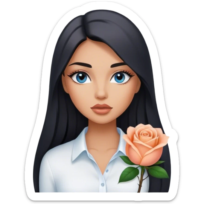 Glamours, tanned, very beautiful girl, with big pump peach-beige-rose lips, long long lashes, black straight smooth silky long hair, straight parting hair, blue-grey eyes, in white shirt sticker