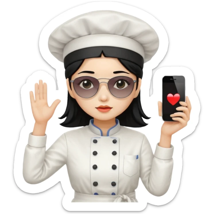 ["A sad woman with light skin, straight hair, wearing a chef hat and sunglasses, dressed in K-pop fashion, is dancing while holding a phone."] sticker