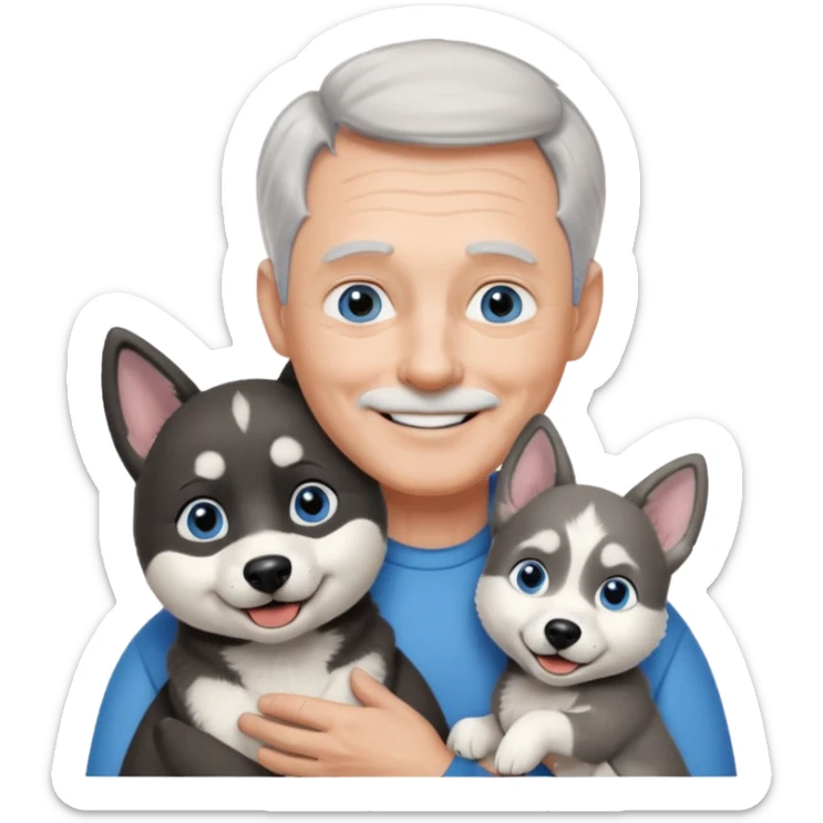 A 60 year old man with blue eyes and short light gray hair and slightly big ears, holding a black and white husky dog with floppy ears and white tuft eyebrows, both smiling sticker