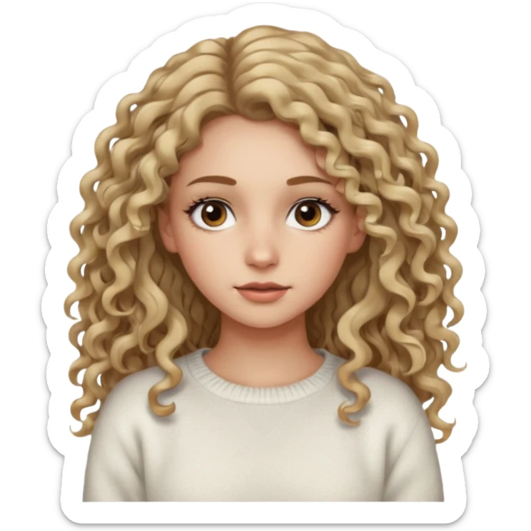 a dirty blonde girl with brown eyes and make her wearing a white sweater and  with really long curly hair and white skin color, long hair and really big lashes sticker