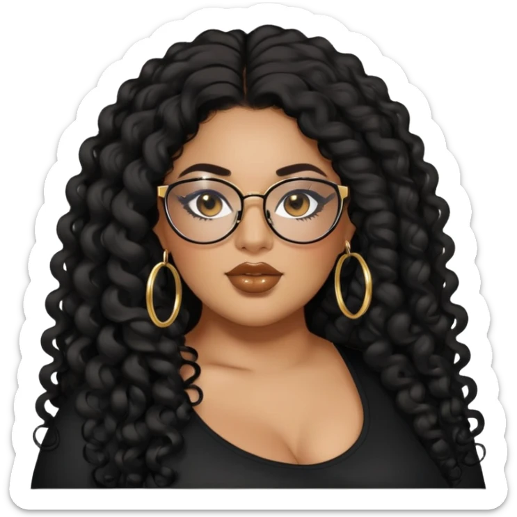 big plus size, latina, darker tan skin, gold hoops, long black curly hair, baddie,pretty, makeup, lipgloss, black eyeliner, long hair, black top, black glasses sticker