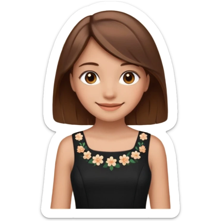 Make a girl, she have brown hair and eyes, smiling and she is in a black dress sticker