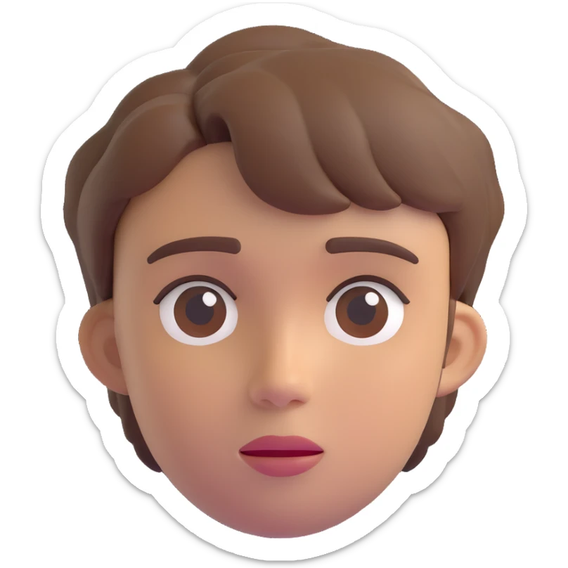 face of a young person with short messy brown hair and a neutral look in 3D emoji style sticker