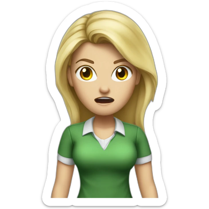 front view angry woman teacher long blonde hair dark eyes green shirt no glasses yelling sticker