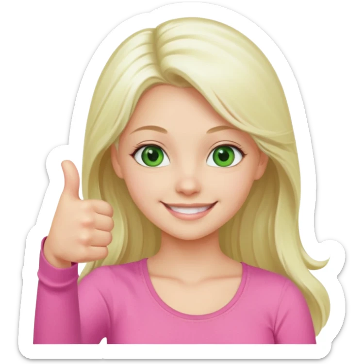 Long platinum blonde hair girl with green eyes in  pink top showing a thumbs up sticker