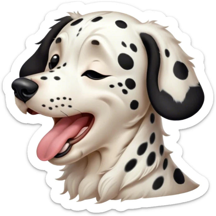 Cinematic Cute Yawning Spotted Dalmatian Portrait Emoji, Head tilted slightly with a dramatic, wide-open yawn, showcasing a smooth Fur of predominantly white with bold black patches, floppy ears slightly drooping, round eyes barely open in drowsy contentment, Simplified yet irresistibly adorable features, highly detailed, glowing with a soft, cozy glow, high shine, relaxed yet expressive, stylized with a touch of whimsy, bright and endearing, soft glowing outline, capturing the essence of a sleepy yet affectionate guardian, so drowsy it feels like it could stretch out of the screen and curl up for a nap! sticker