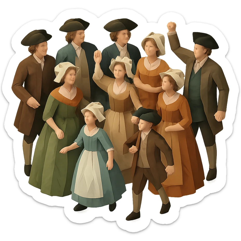 isometric illustration of a full body 18th century crowd, period-appropriate clothing and hats, men, women, and children, dynamic poses, standing together, no background sticker