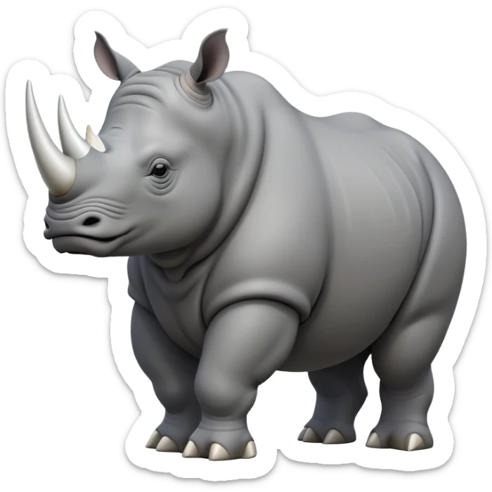 cinematic-rhino-full-body-standing-emoji,white horn, slate grey skin -massive-body-poised-powerfully,-thick-horn-curving-slightly-forward,-head-tilted-dramatically,-rough-grey-hide-covered-in-dust,-simplified-focused-features, sticker