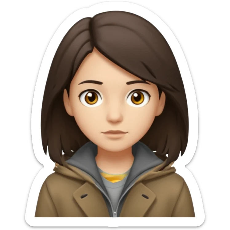 Hobo tomboy with shoulder-length dark brown hair that is parted in the middle. brown eyes, dark dull brown coat, grey shirt. sticker