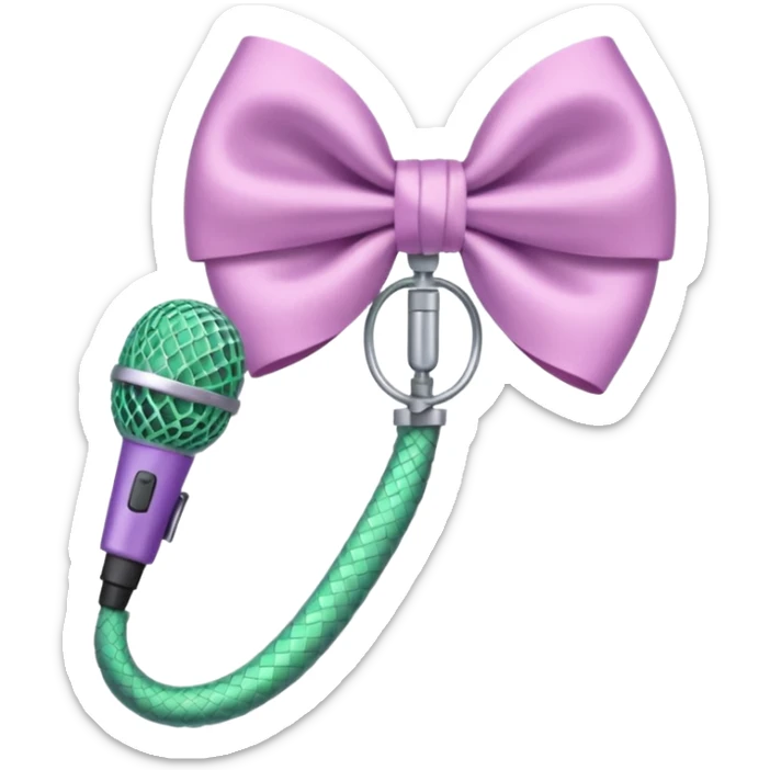A pastel pink bow with a pastel green snake on the top of one side and a pastel purple microphone on the bottom of the other side sticker