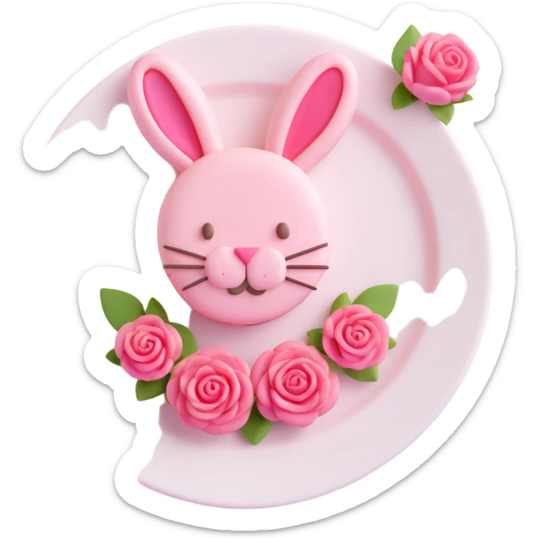A cute bunny-shaped macaron dessert with pink frosting and a pink flower on its head, depicted in a 3D iOS style. The macaron should have a soft, rounded appearance with a slight shine, and be placed on a simple, elegant plate with pink roses around it. sticker