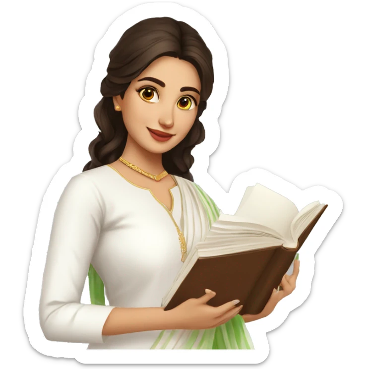 A modern women wearing  simple full white kurti  badhni dupatta and book in hand sticker