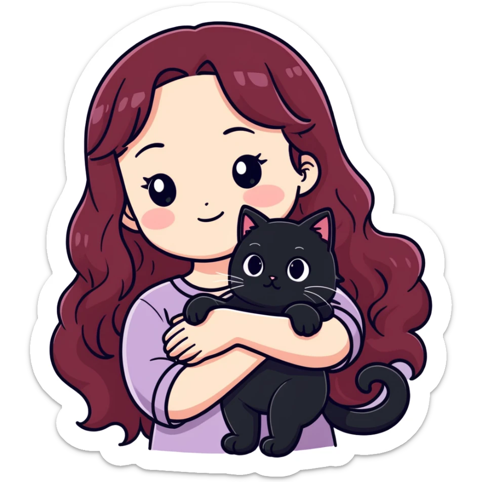Girl with long wavy burgundy hair is Sad with tears, as shes holding one fat cat, black cat with all white paws and white belly sticker