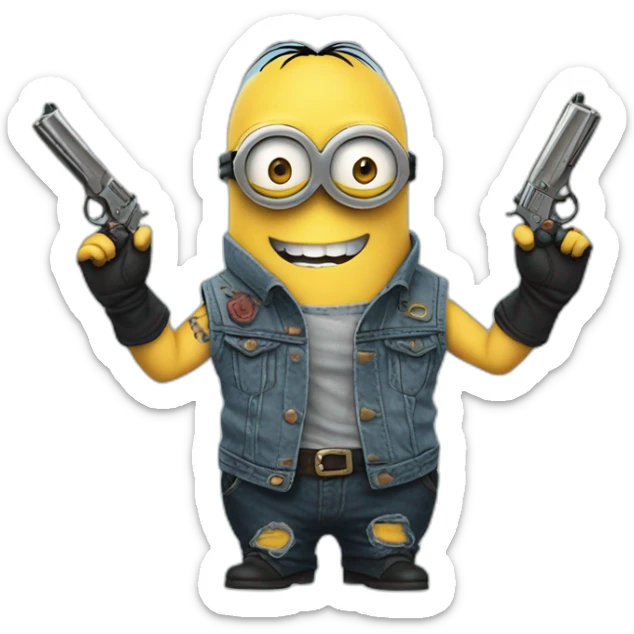 minion in a sleeveless denim jacket with tattoos on hands and in black gloves with pistols sticker