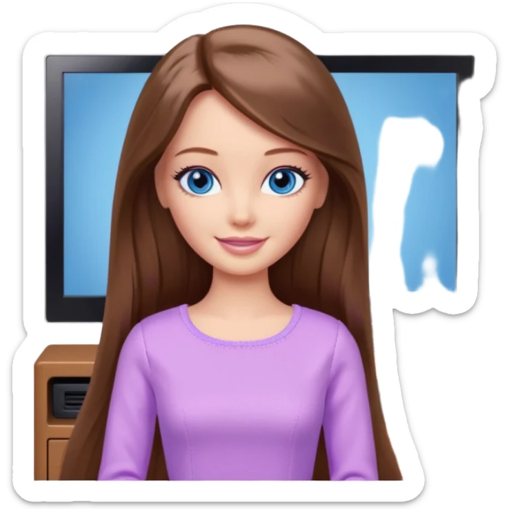 beautiful barbie girl with long brown hair, blue eyes and wearing light purple clothes watching netflix on tv sticker