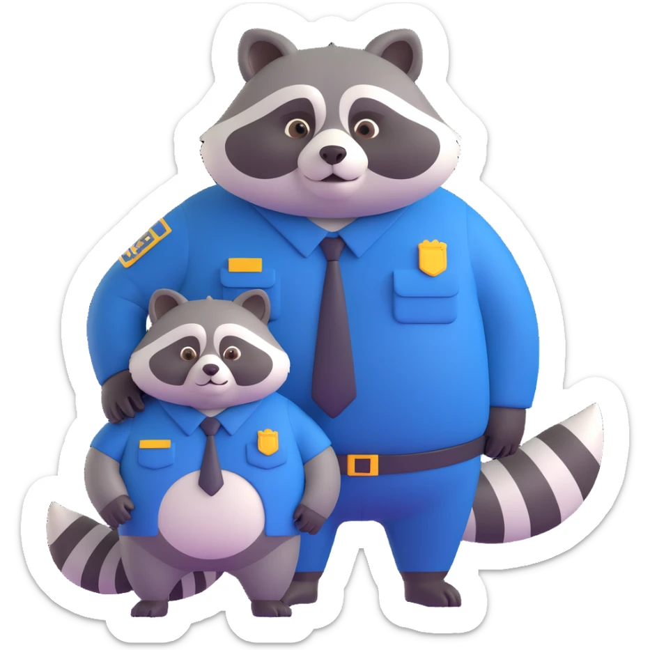Add a friendly pet raccoon beside the fat federal agent in 3D cartoon style with transparent background. sticker