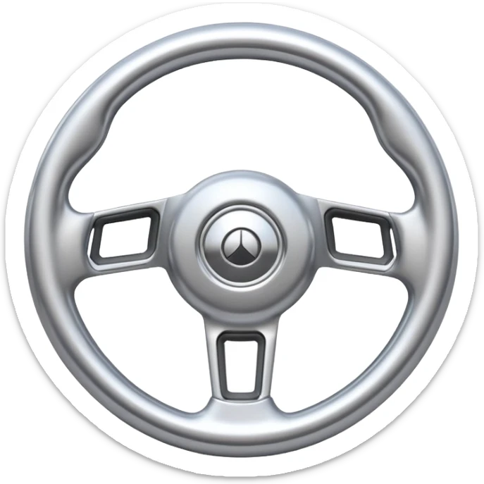 A futuristic steering wheel emoji made of silver chrome, minimal geometric design, smooth metallic surface, soft reflections, iOS emoji style, centered, clean white background sticker