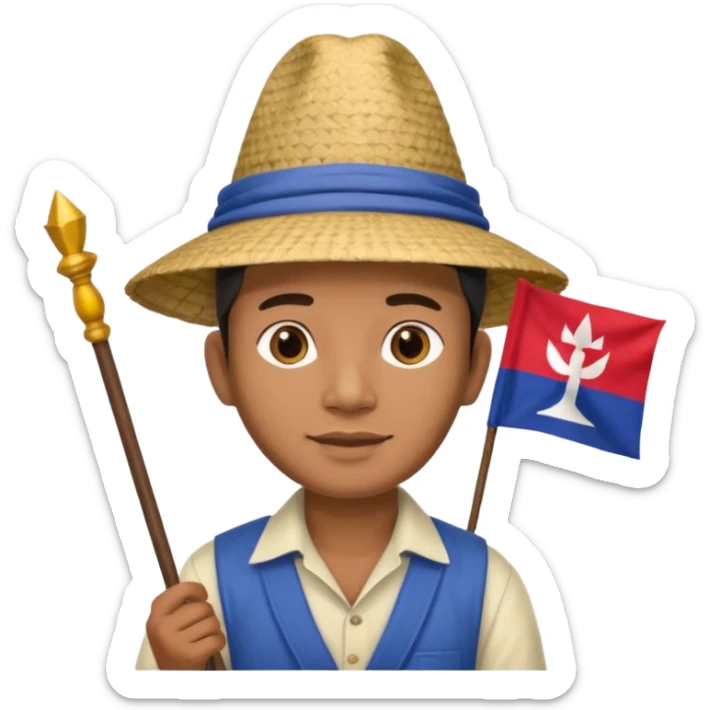 Cambodian man Tourist Guide with small cambodian flag in hand and traditional cambodian hat sticker