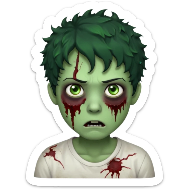 zombie character with green skin, messy short curly black hair, and no glasses. Give him large expressive eyes, a slightly frightened or eerie expression, subtle wounds, dark under-eye shadows, and a few cracks or dried blood marks on the face.  white shirt and no bleeding eyes **BLACK HAIR** sticker
