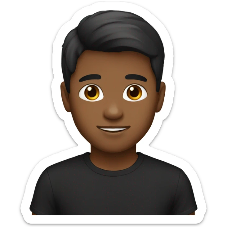 Boy with straight brown hair, brown skin and black t-shirt sticker