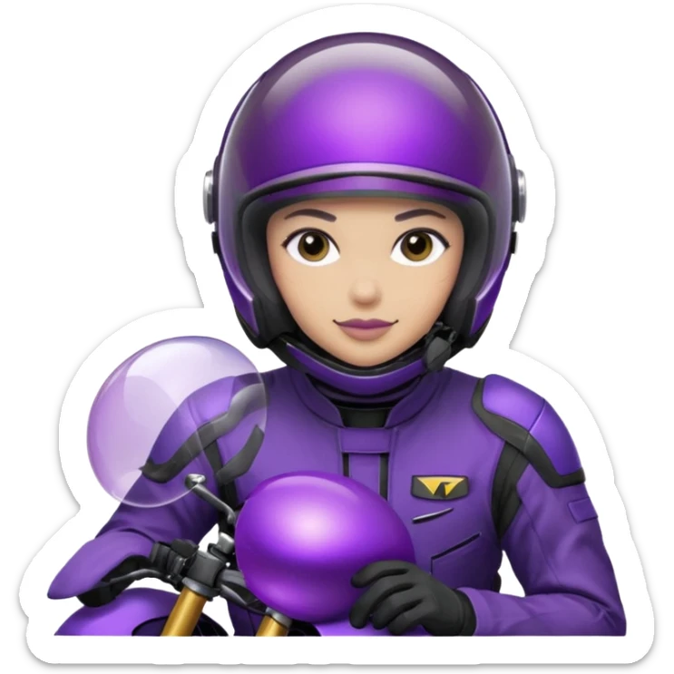 Créer un emoji avec une moto mt07 sport noir mate / violet iridescent très foncé. Avec une pilote dessus visière violet sombre faceless, bulle de la moto violet. Avec fond arrière violet, tenue complète casque inclus violet  sticker