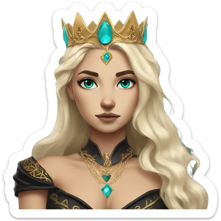 Aelin has white or golden blonde hair, turquoise eyes with a gold ring around the pupil, and tattoos and scars. Wearing a black and gold gown with a crown made of fire sticker