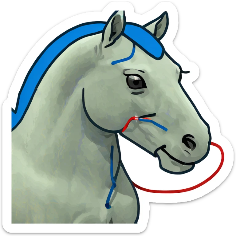 fast electric horse made of electricity, metal plates, bolts, visible blue and red wires, lightning coursing through its body sticker