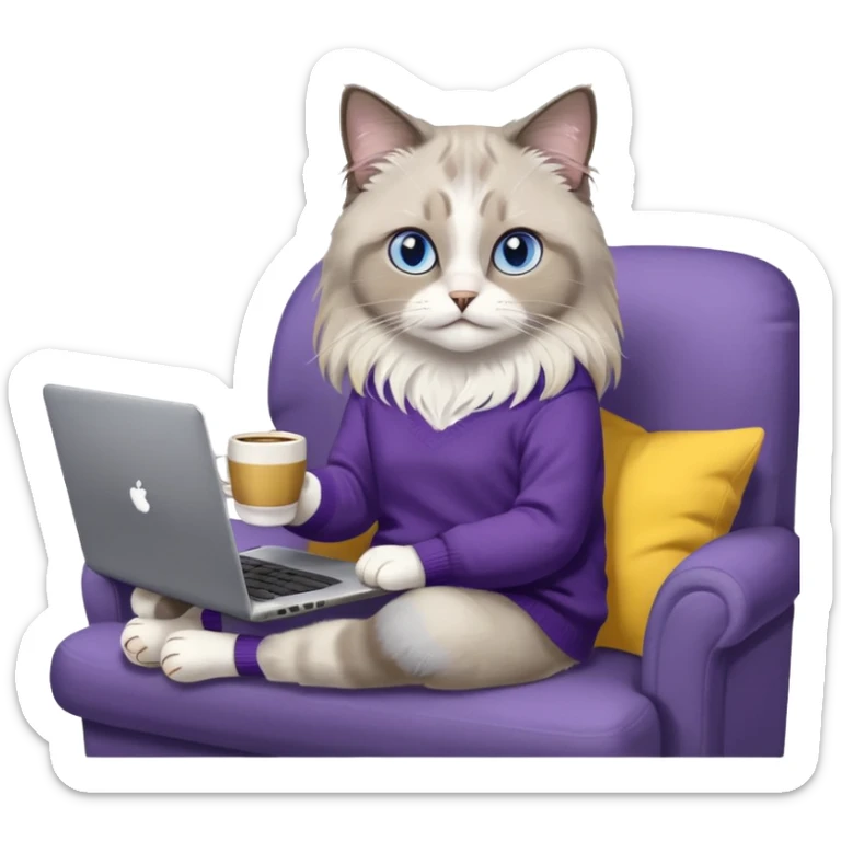 a cute blue eyed brown and white ragdoll cat with white paws and brown and beige tail wearing the dark violet sweater with yellow letteting "Milena" sitting on a grey sofa with grey laptop branded lettering "Lenovo" and drinking coffee sticker
