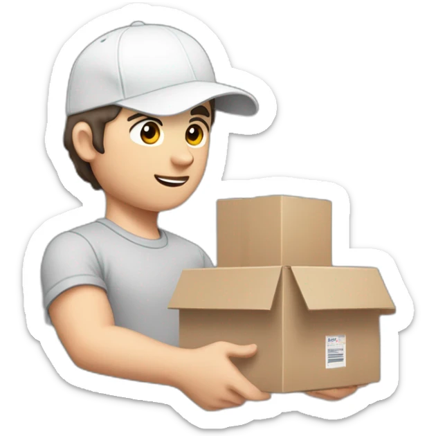 Pale skinned fit Man with dark brown hair in a white cap, gray jeans and gray polo T-shirt keeping a pasted with tape box into his hands sticker