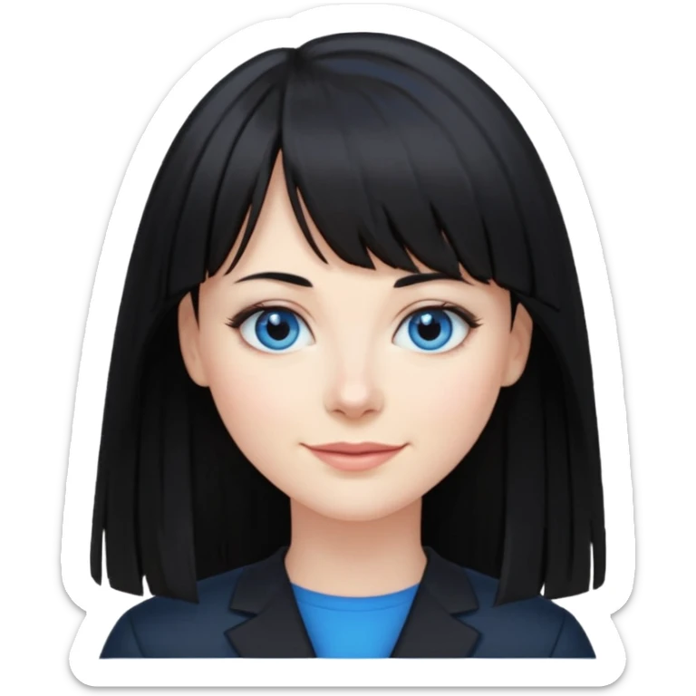 40 yr old woman long straight black hair, pale skin, blue eyes, black clothes, small smile, bangs sticker