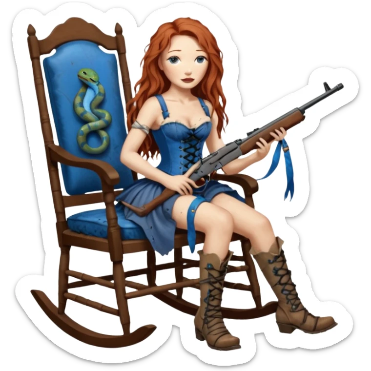 realistic cinematic Tori Amos sits on a rocking chair in a torn corset, holding an antique rifle and her bare feet are muddy. A blue snake is wrapped around the chair. sticker