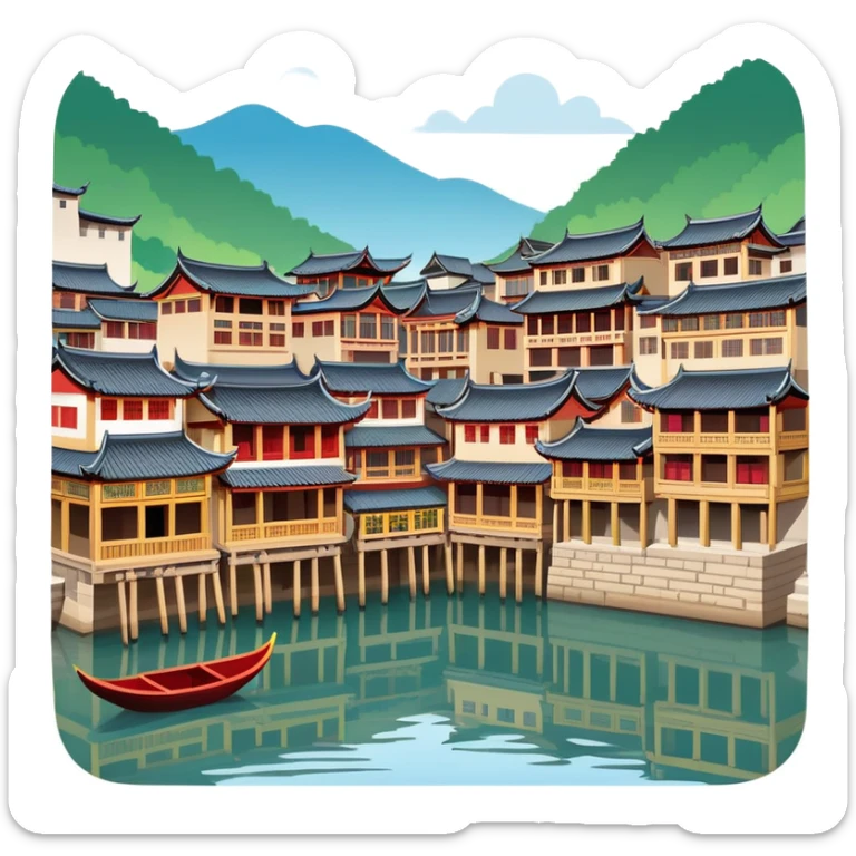 Fenghuang Ancient Town with wooden stilt houses by river, simplified emoji style with bold outlines and bright colors, cartoon style traditional Chinese buildings sticker
