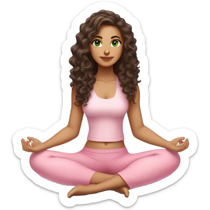 Dark brown long curly hair and green eyes yoga beautiful young woman in light pink pink pink clothes sitting on a yoga mat sticker