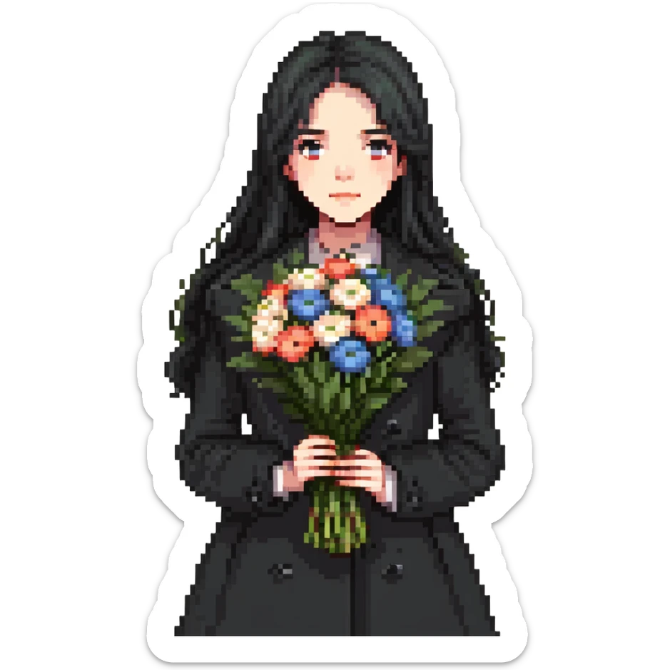 beautiful girl with long black hair wearing a black coat holding a bouquet of flowers sticker