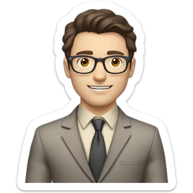 Pale skinned fit man with dark brown hair in gray jacket, beige office shirt, brown tie, brown pants and vintage glasses Writing on the flipchart sticker