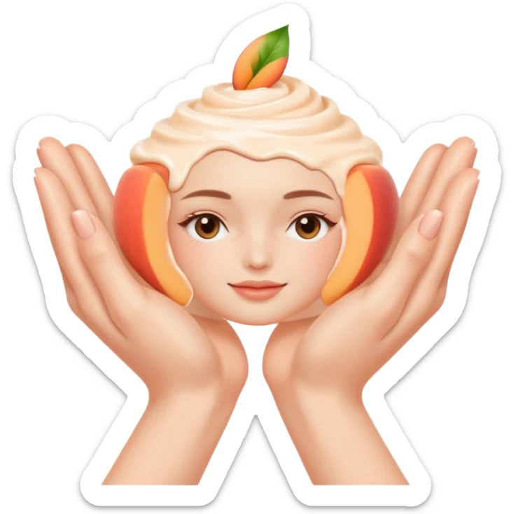 Minimal emoji of 2 hands gently applying skincare cream, soft nude and peach tones, clean beauty aesthetic, calm and elegant, subtle glow sticker