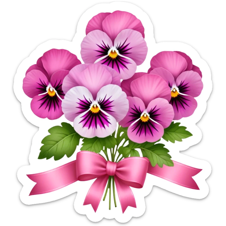 Delicate Orchid Pink pansies rest in a gentle arrangement, wrapped in a luxurious Wild Strawberry ribbon. The combination of soft florals and deep crimson elegance evokes timeless beauty." sticker