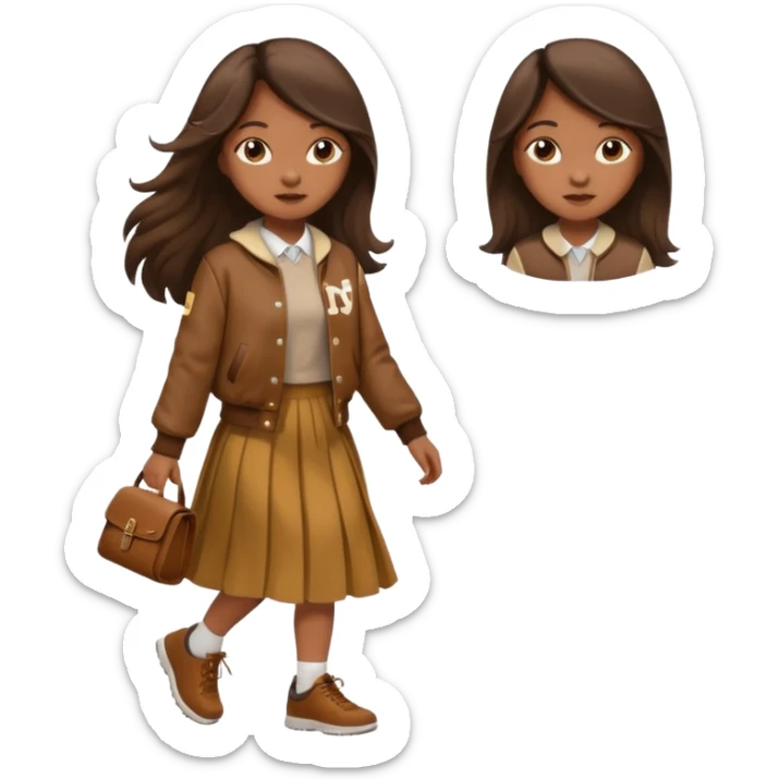 black color long hair girl with brown varsity jacket and long skirt walking  sticker