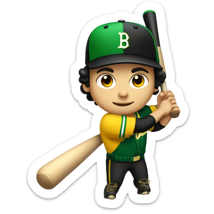 White boy with black hair swinging baseball bat with green and yellow uniform with an M in his hat sticker