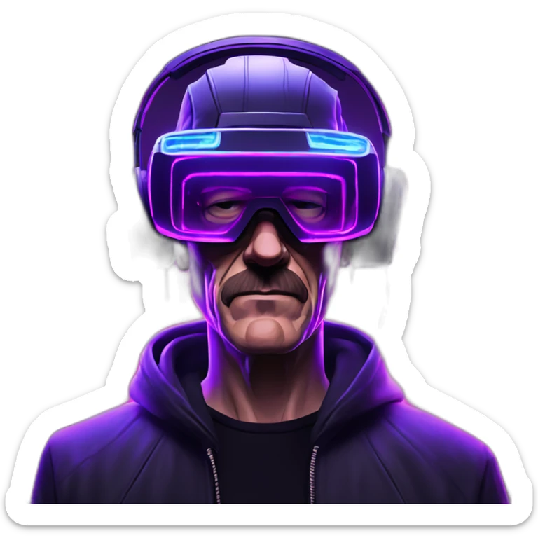 Walter White wearing a black hoodie with "OMG" letters on it and VR headset in a cyberpunk VR environment with violet neon lighting. sticker