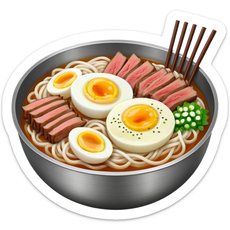 Korean cold noodles (naengmyeon) in a metal bowl, with thin noodles, cold broth, sliced beef, and a half boiled egg on top, iPhone emoji style sticker