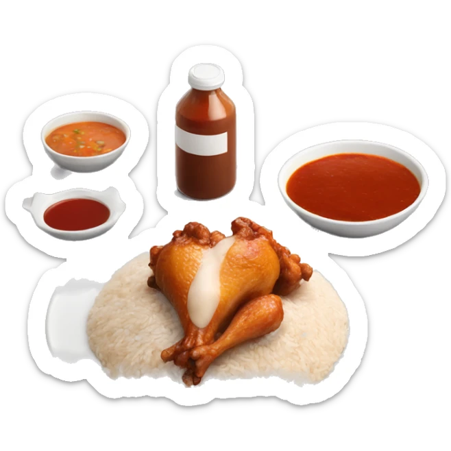 rice with a chicken leg next to it and a bowl of sauce next to it all on a plate  sticker