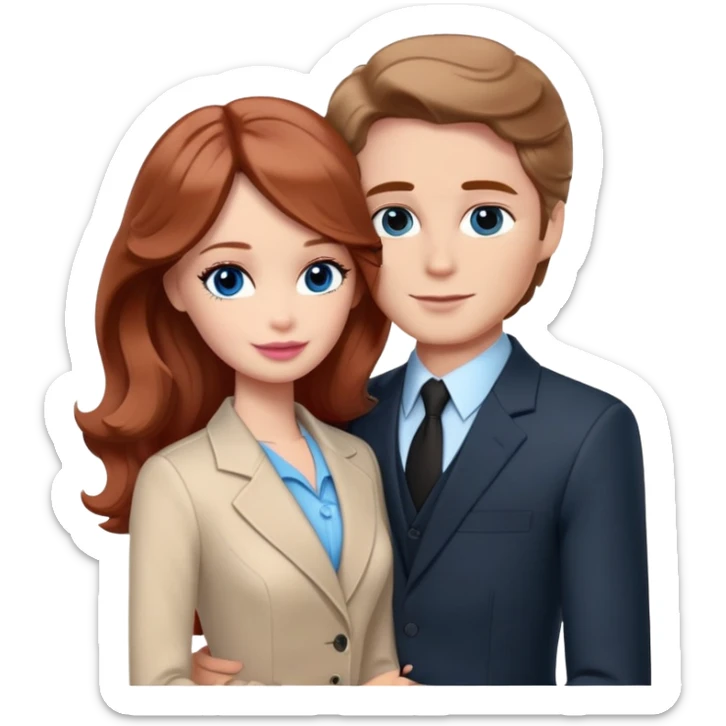 Barbie girl  , eyes blue , Chestnut red long wavy hair In pale beige clothes, Hugs a man with pale brown hair short haircut, brown eyes , and a black suit sticker